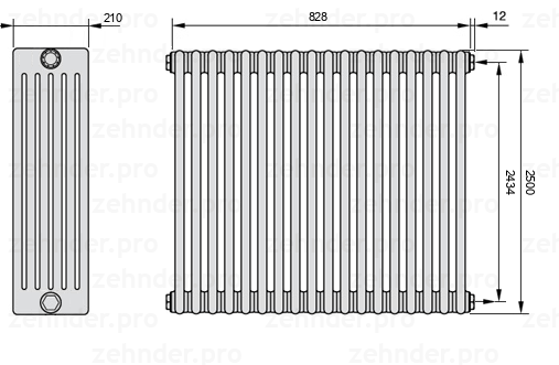Схема (чертеж) Радиатор Zehnder Charleston 6250/18 №7610 Белый глянцевый RAL 9016